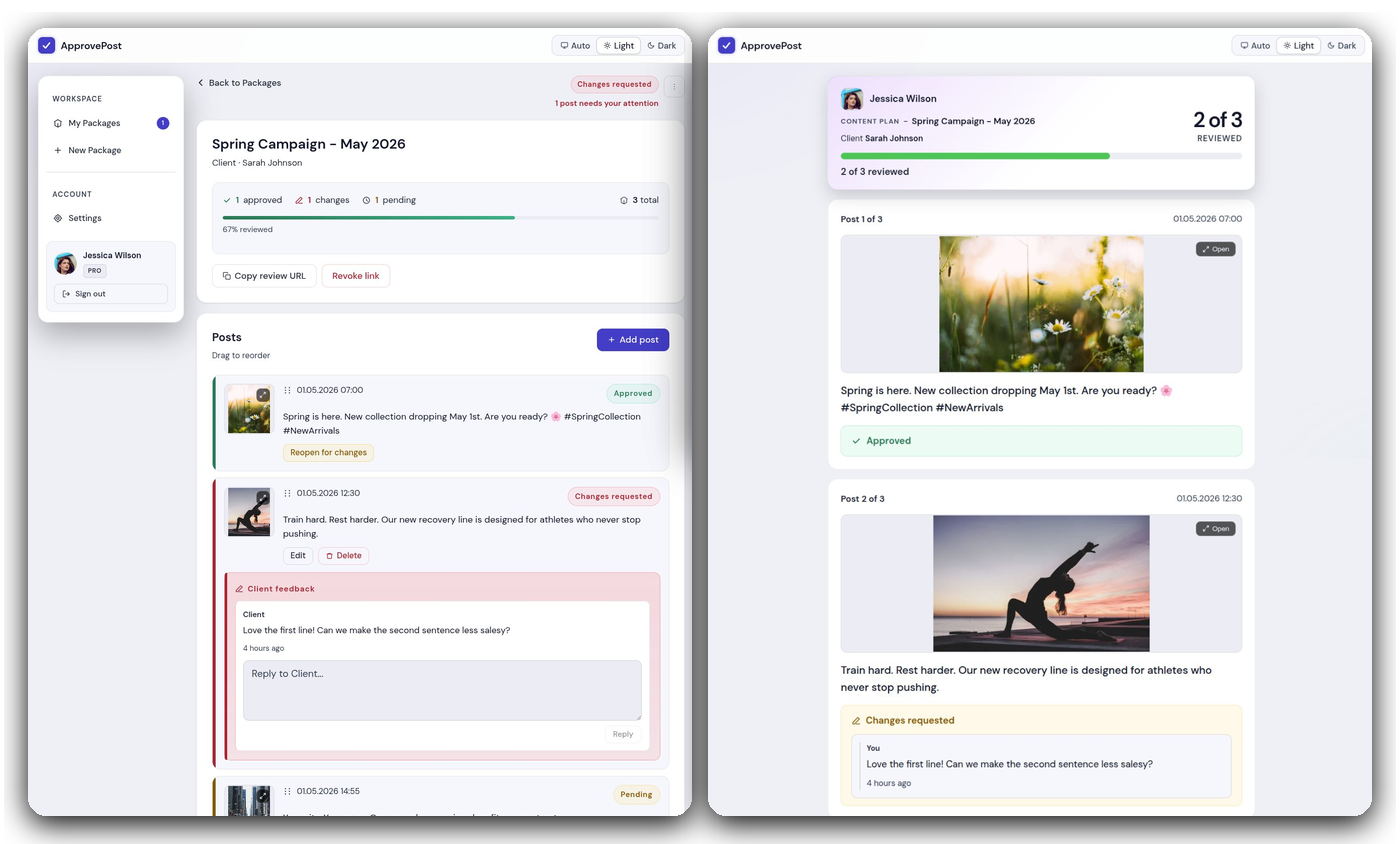 ApprovePost - freelancer manages posts on the left, client approves on the right