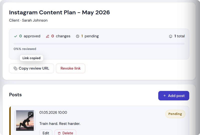 Package page with Link copied notification